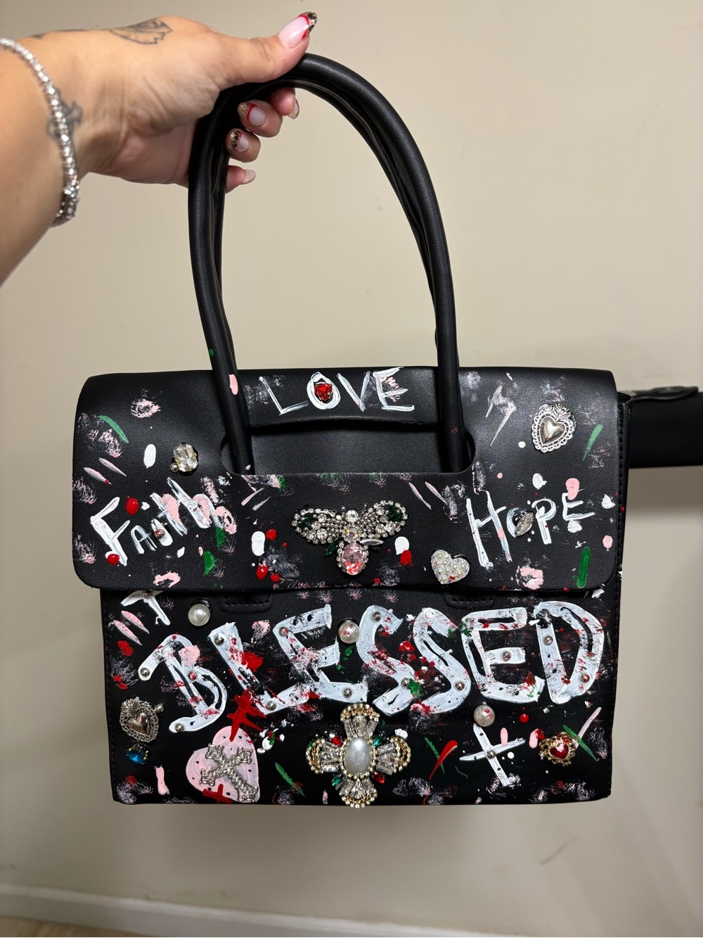Hand painted by me Black 'Blessed' Embellished Graffiti Satchel - Picture 3 of 3